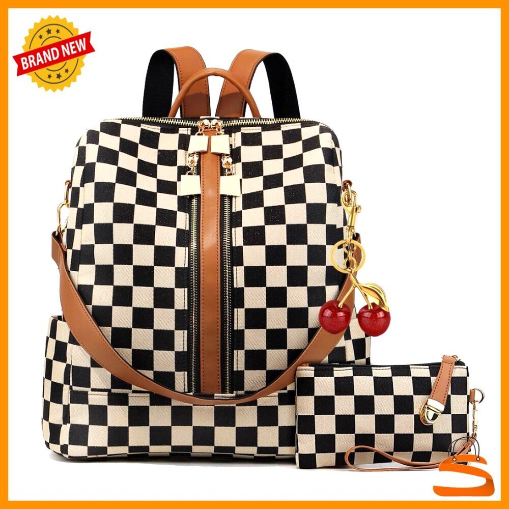 Checkered Canvas Backpack Purse for Women with Multiple Pockets Travel Daypack
